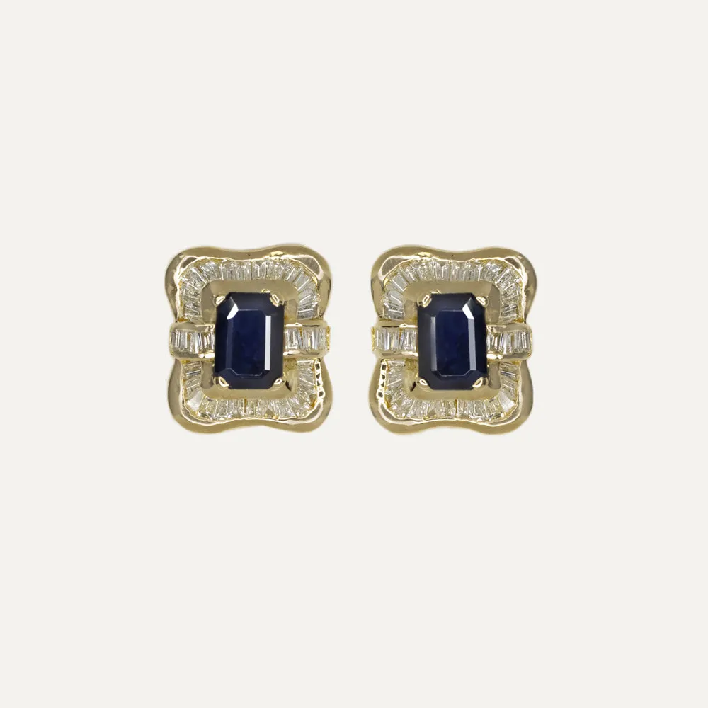 SAPPHIRE DIAMOND STUD EARRINGS BAGUETTE HALO 14k YELLOW GOLD EMERALD CUT ESTATE