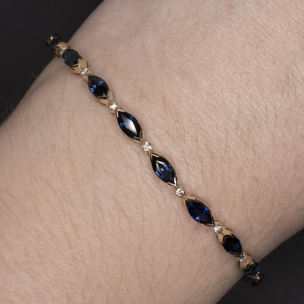 SAPPHIRE DIAMOND TENNIS BRACELET 7.25ct NATURAL BLUE MARQUISE 14k YELLOW GOLD