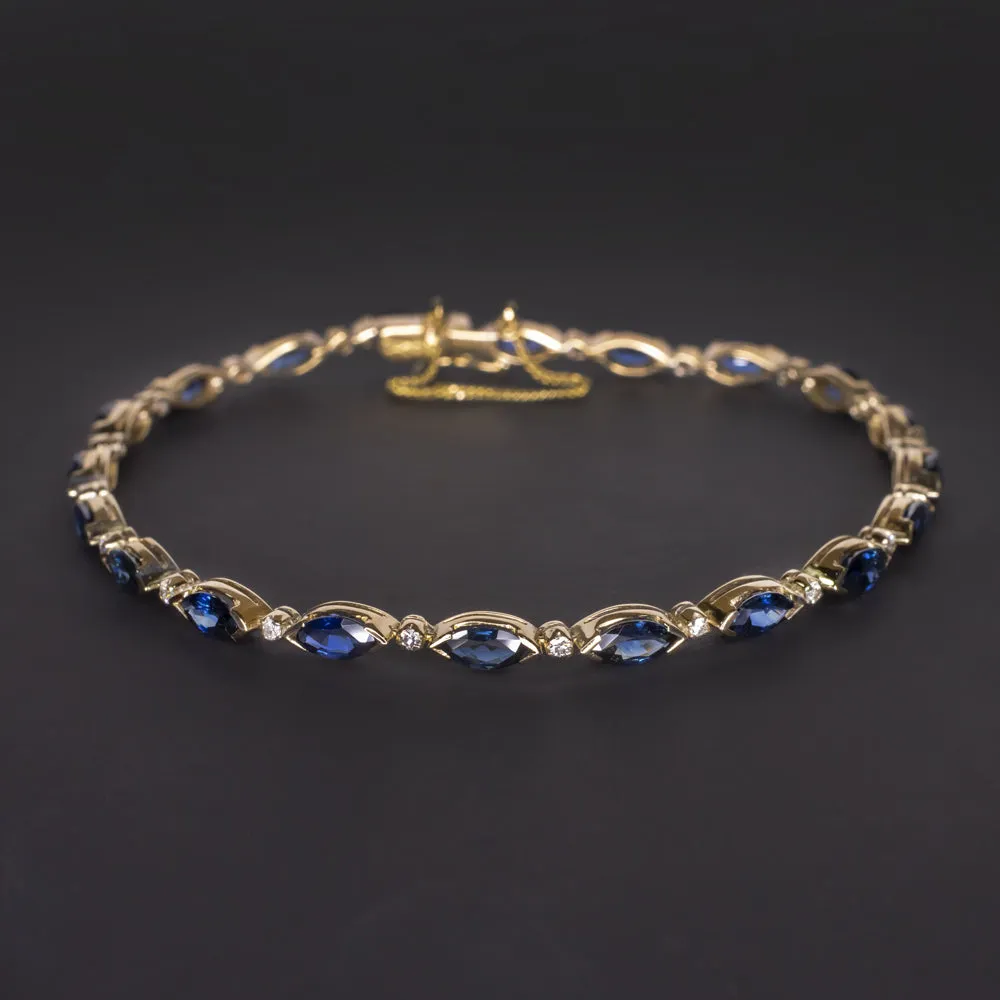 SAPPHIRE DIAMOND TENNIS BRACELET 7.25ct NATURAL BLUE MARQUISE 14k YELLOW GOLD