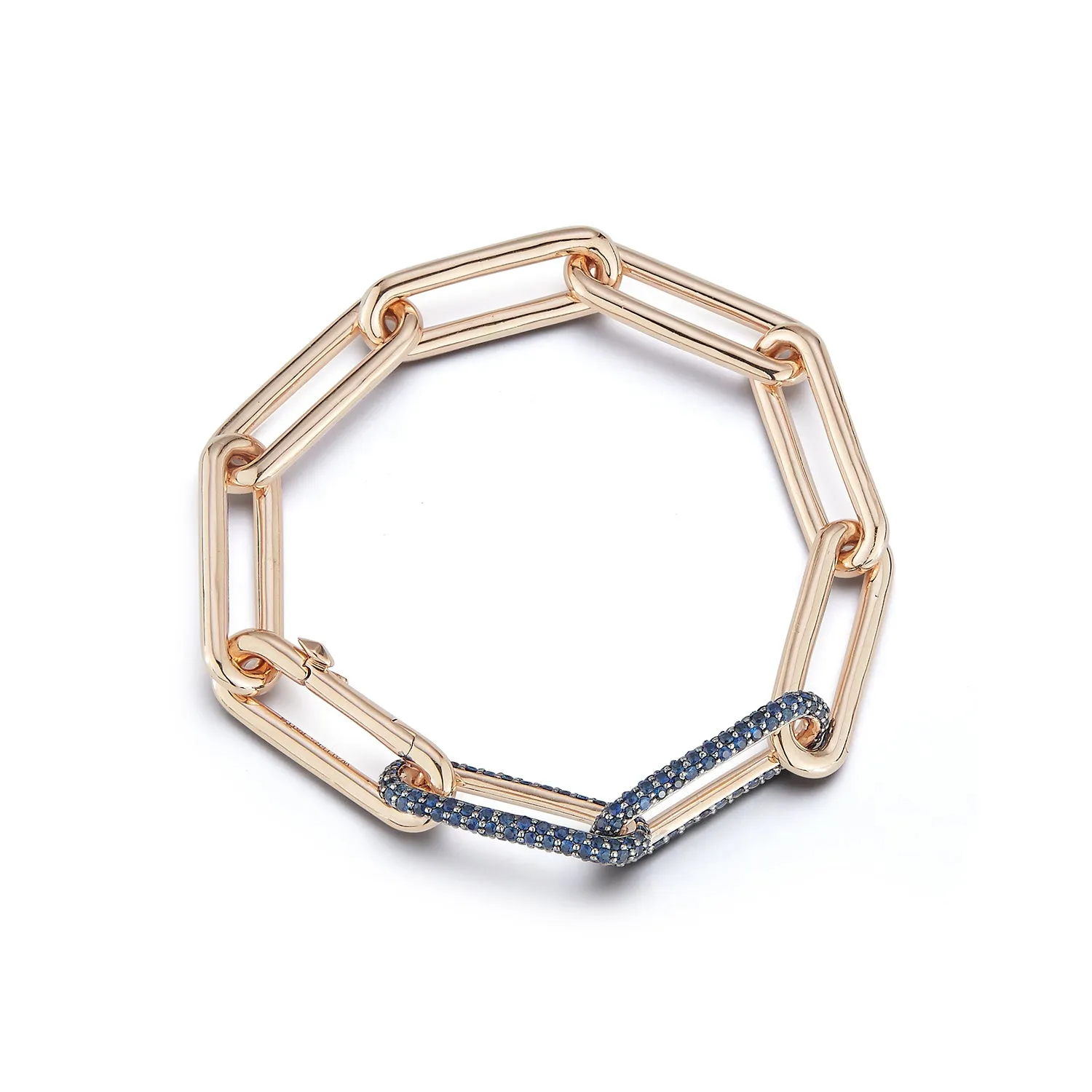 SAXON 18K ELONGATED CHAIN LINK BRACELET WITH DOUBLE SAPPHIRE LINKS