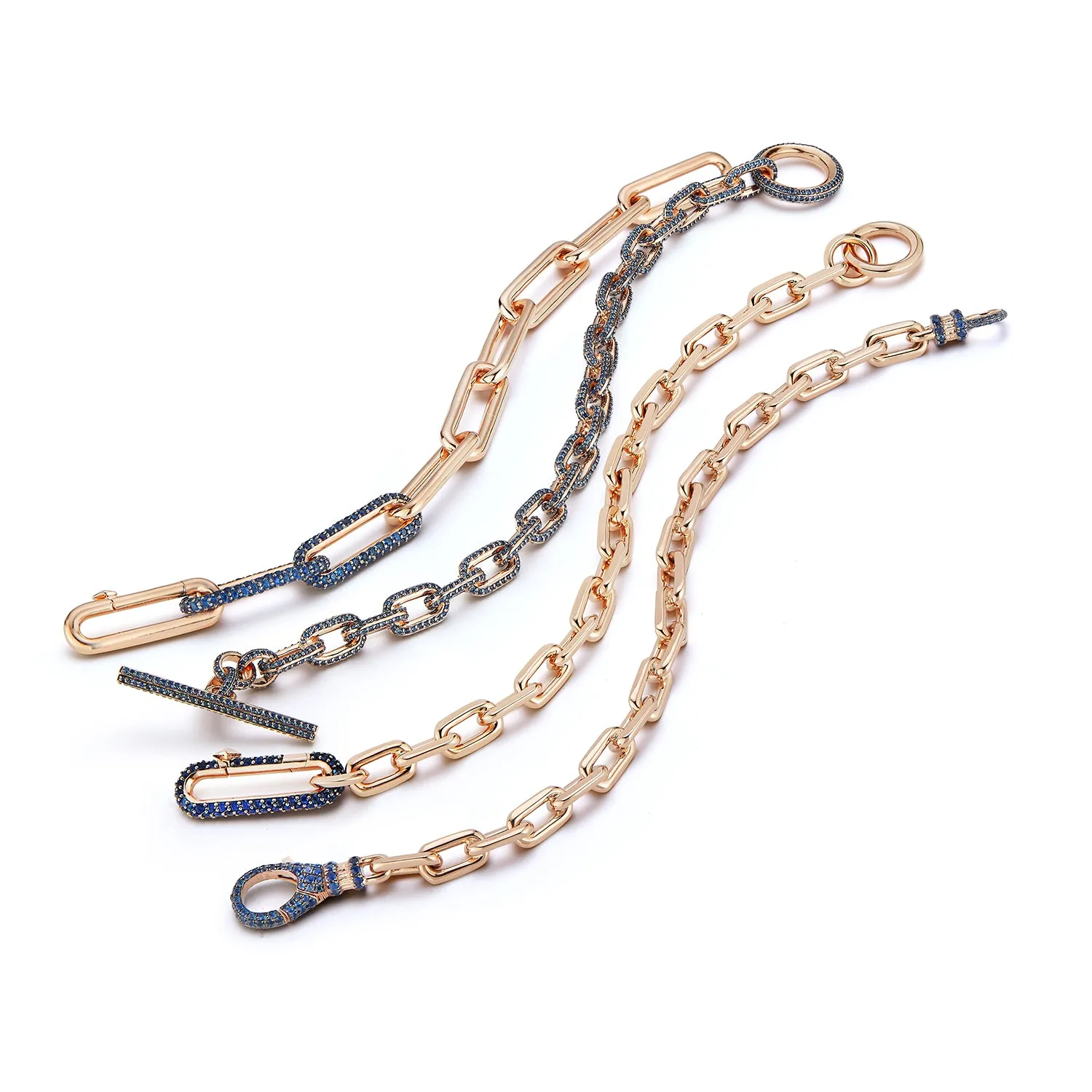 SAXON 18K ELONGATED CHAIN LINK BRACELET WITH DOUBLE SAPPHIRE LINKS