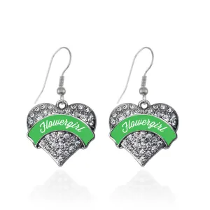 Silver Emerald Green Flower Girl Pave Heart Charm Dangle Earrings