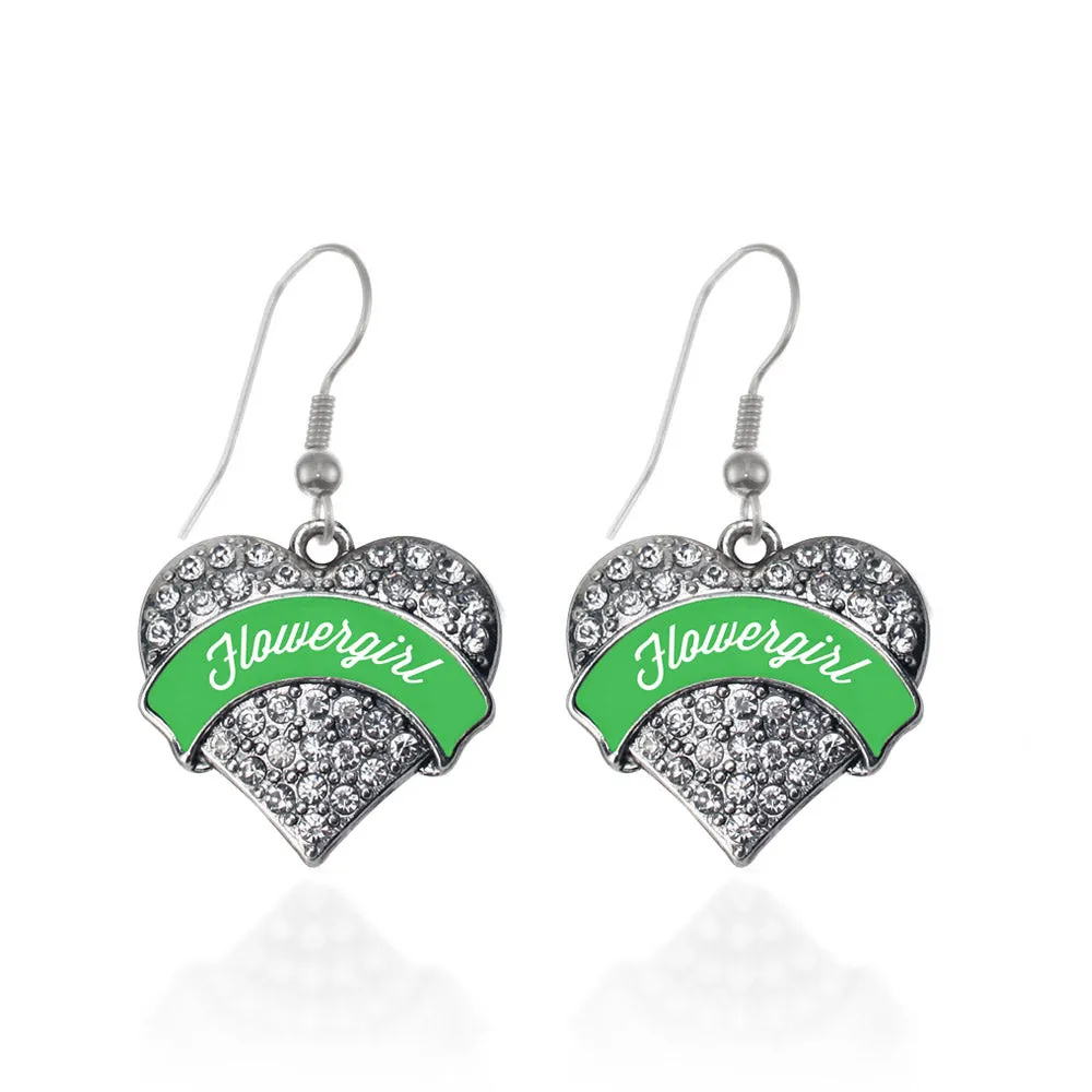 Silver Emerald Green Flower Girl Pave Heart Charm Dangle Earrings