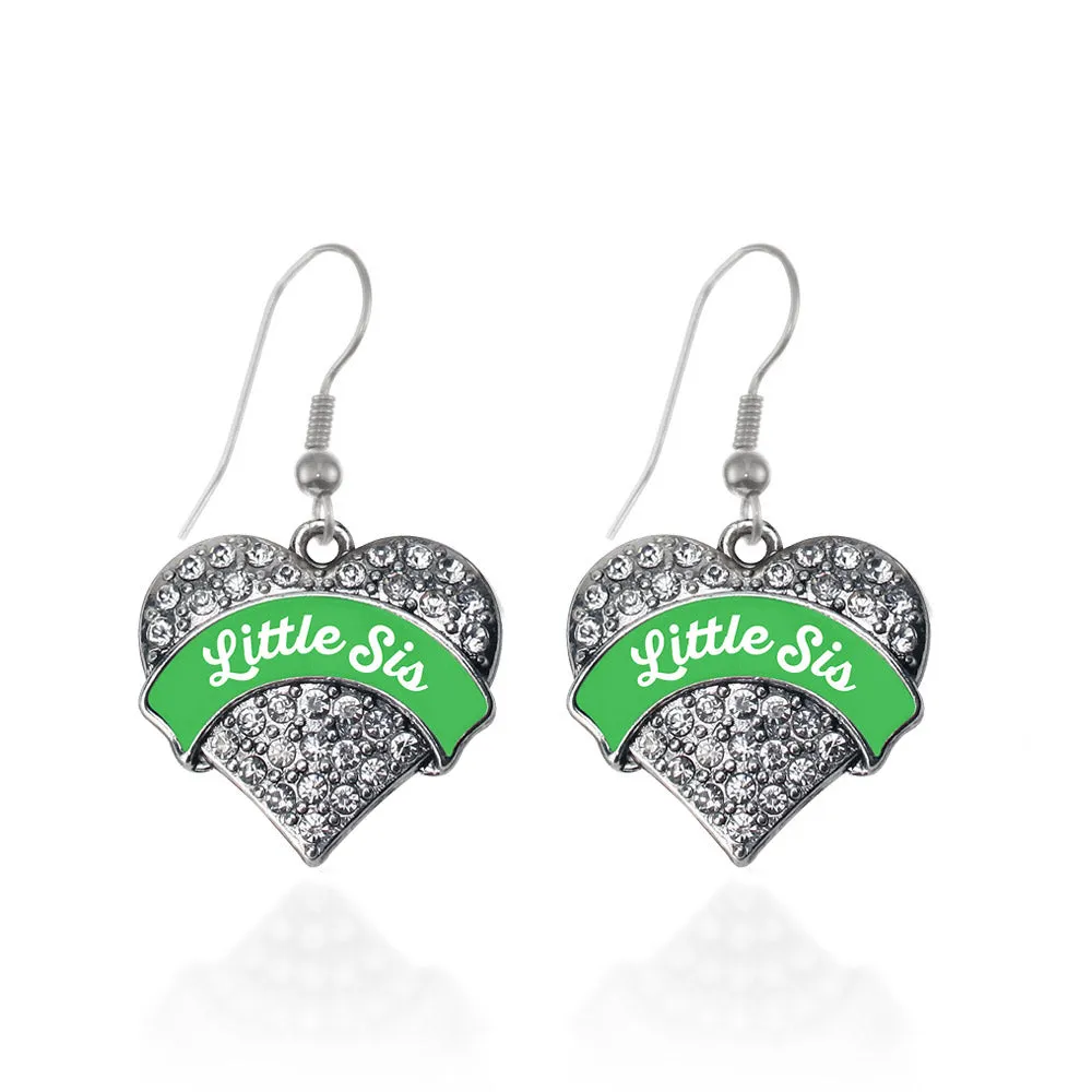 Silver Emerald Green Little Sister Pave Heart Charm Dangle Earrings