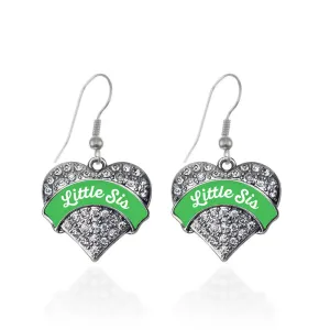 Silver Emerald Green Little Sister Pave Heart Charm Dangle Earrings