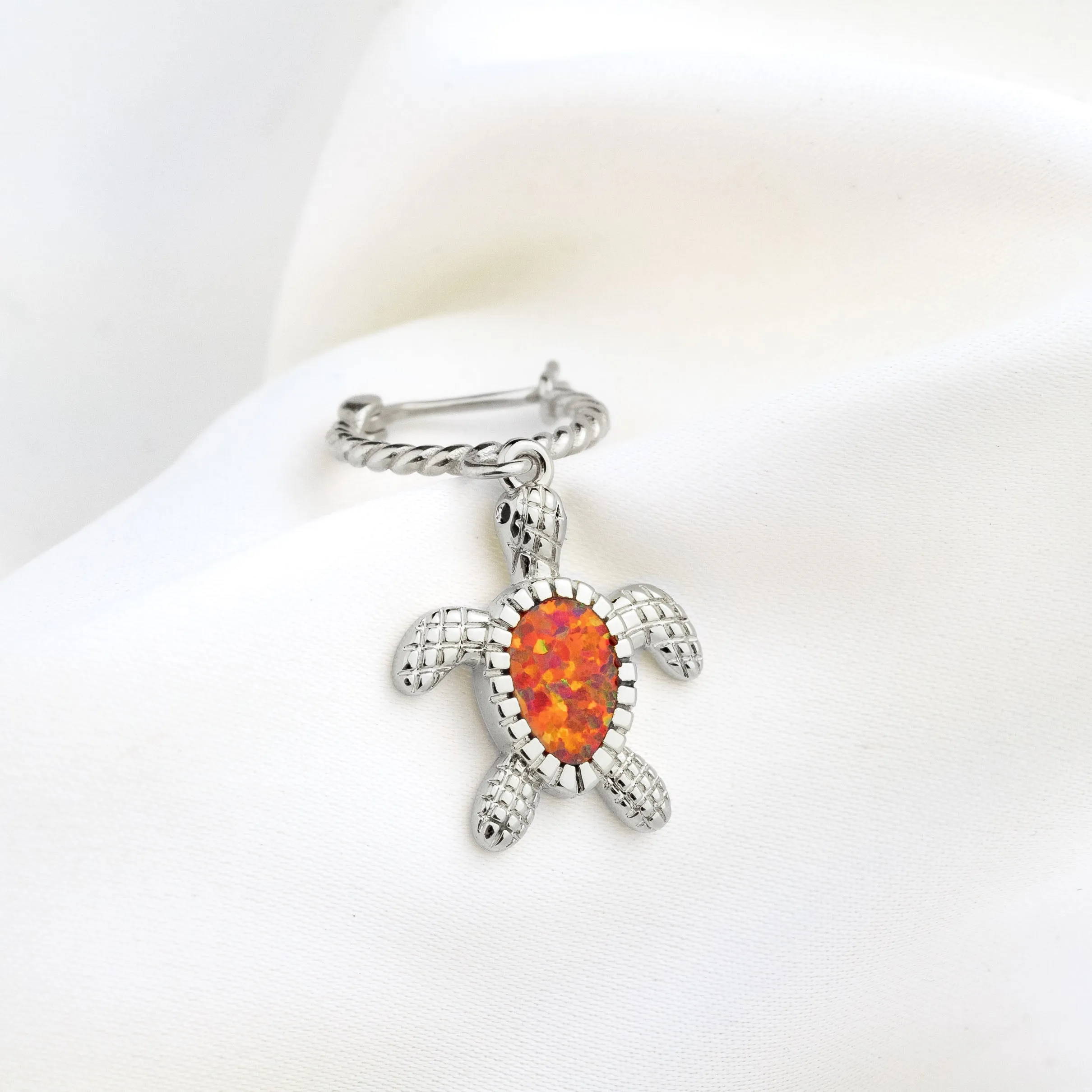 Silver Tangerine Opal Turtle Earring