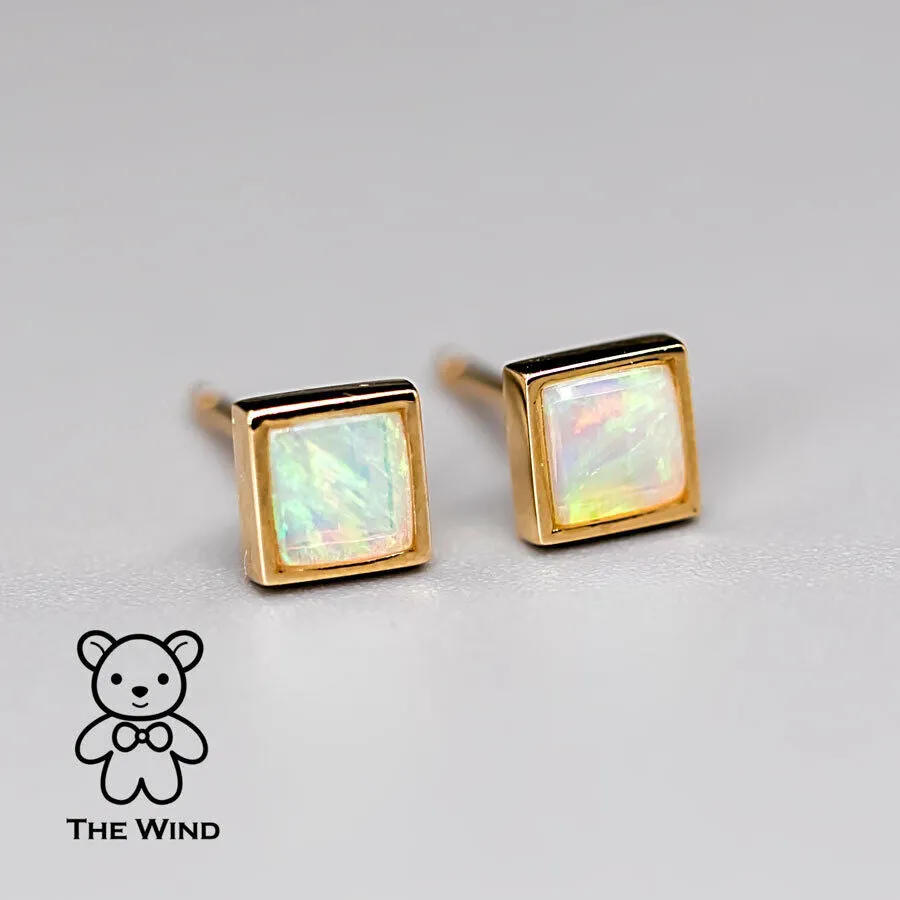 Square Shaped Australian Solid Opal Stud Earrings 14K Yellow Gold