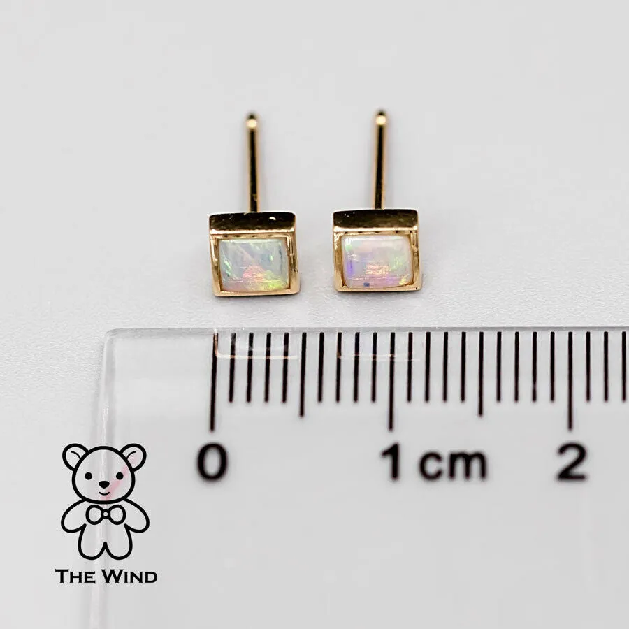 Square Shaped Australian Solid Opal Stud Earrings 14K Yellow Gold