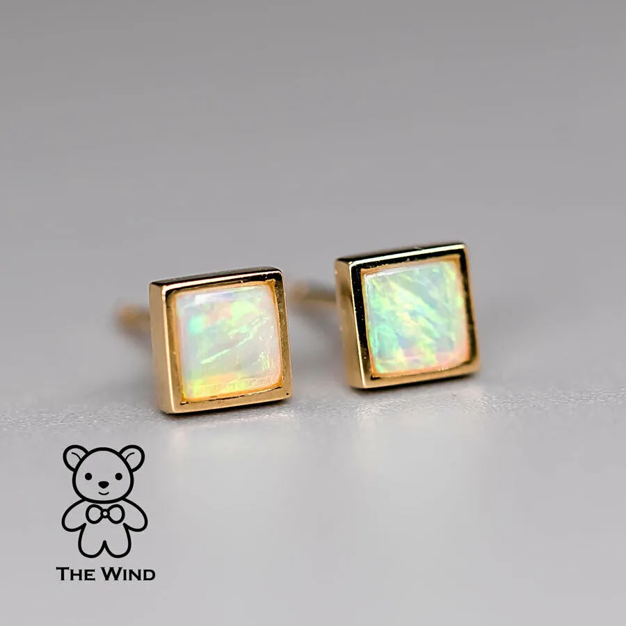 Square Shaped Australian Solid Opal Stud Earrings 14K Yellow Gold