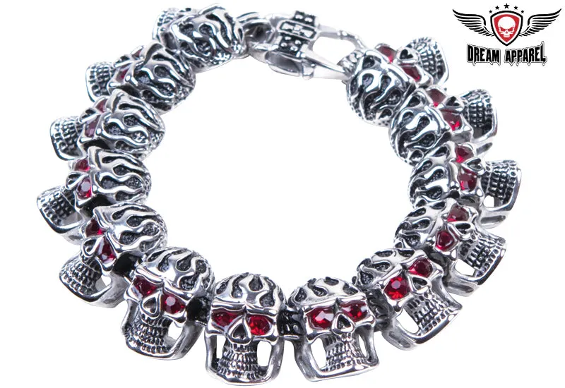 Stainless Steel Motorcycle Bracelet With Flaming Skulls & Ruby Eyes