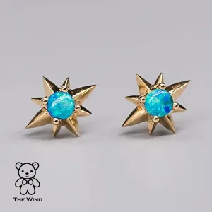 Starry Design Australian Solid Opal Stud Earrings 18K Yellow Gold