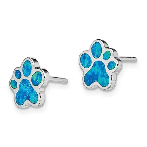 Sterling Silver Created Blue Opal Inlay Paw Print Post Stud Earrings