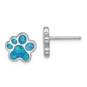 Sterling Silver Created Blue Opal Inlay Paw Print Post Stud Earrings