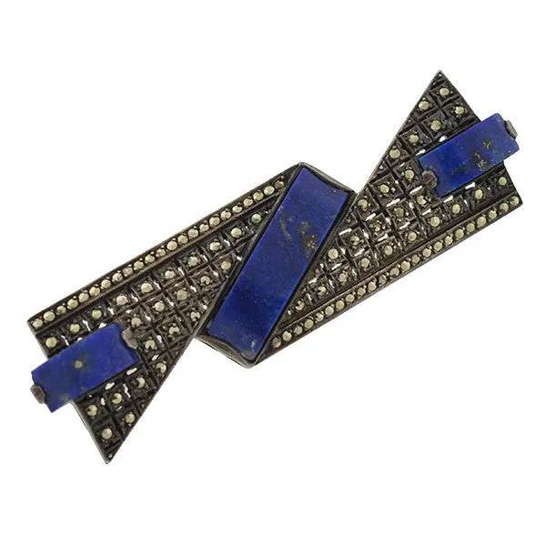 THEODOR FAHRNER Art Deco Sterling Lapis Marcasite Pin