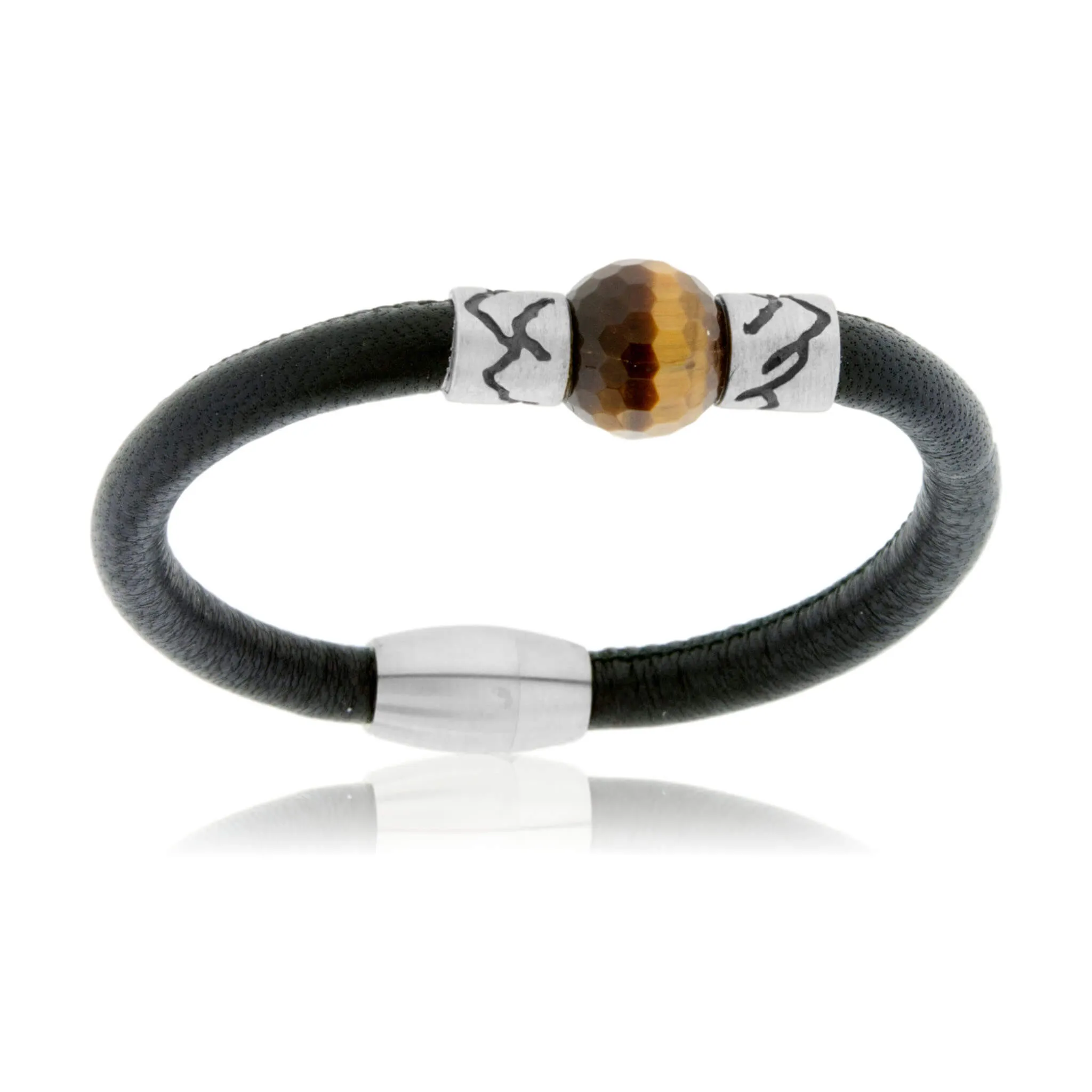 Tigers Eye & Mountain Bead on Woven Leather Sterling Silver Bracelet