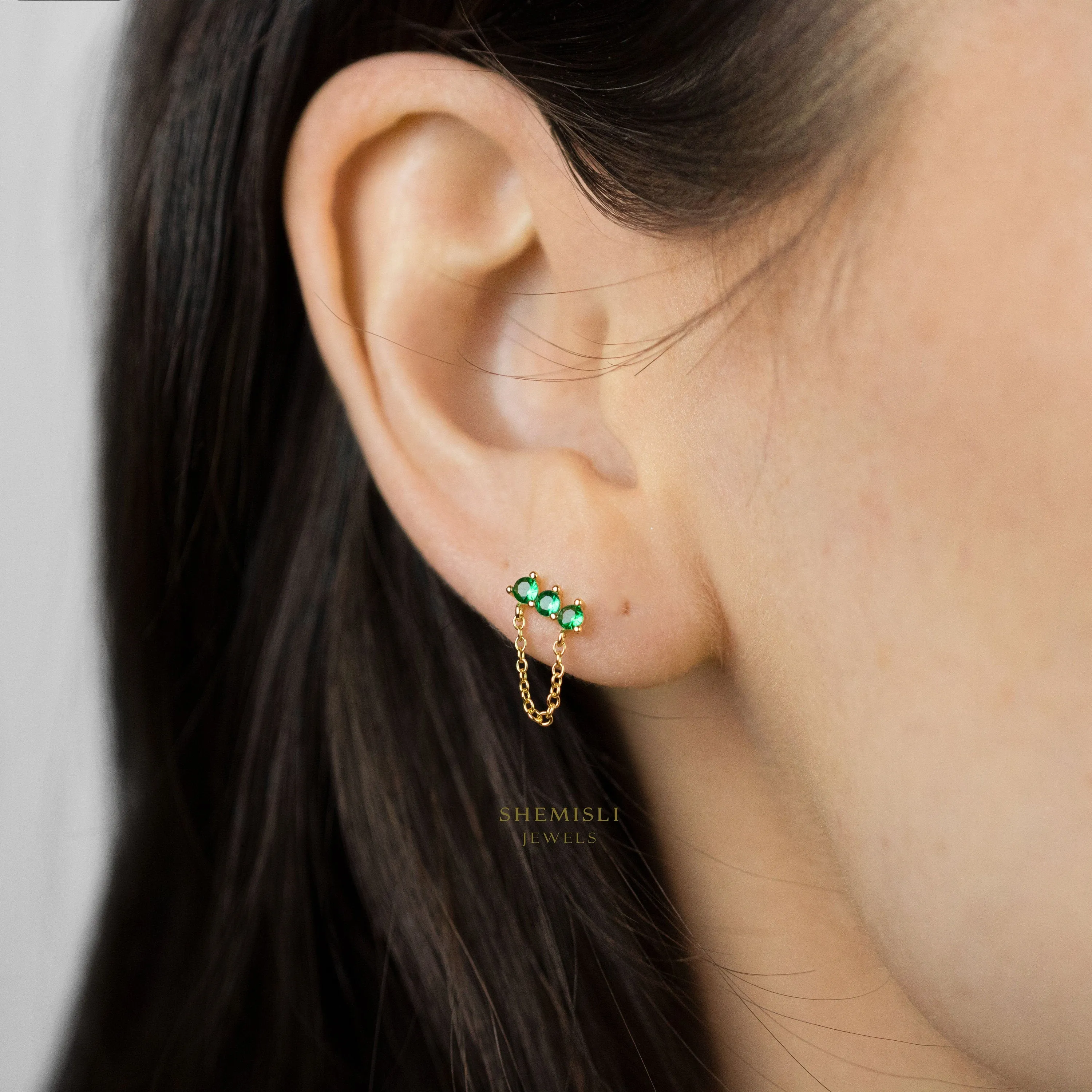 Tiny CZ Bar Earrings with Dangle Chain, White Emerald Turquoise Sapphire Black, Unisex, Gold, Silver SHEMISLI SS145 SS265 SS266 SS267 SS268