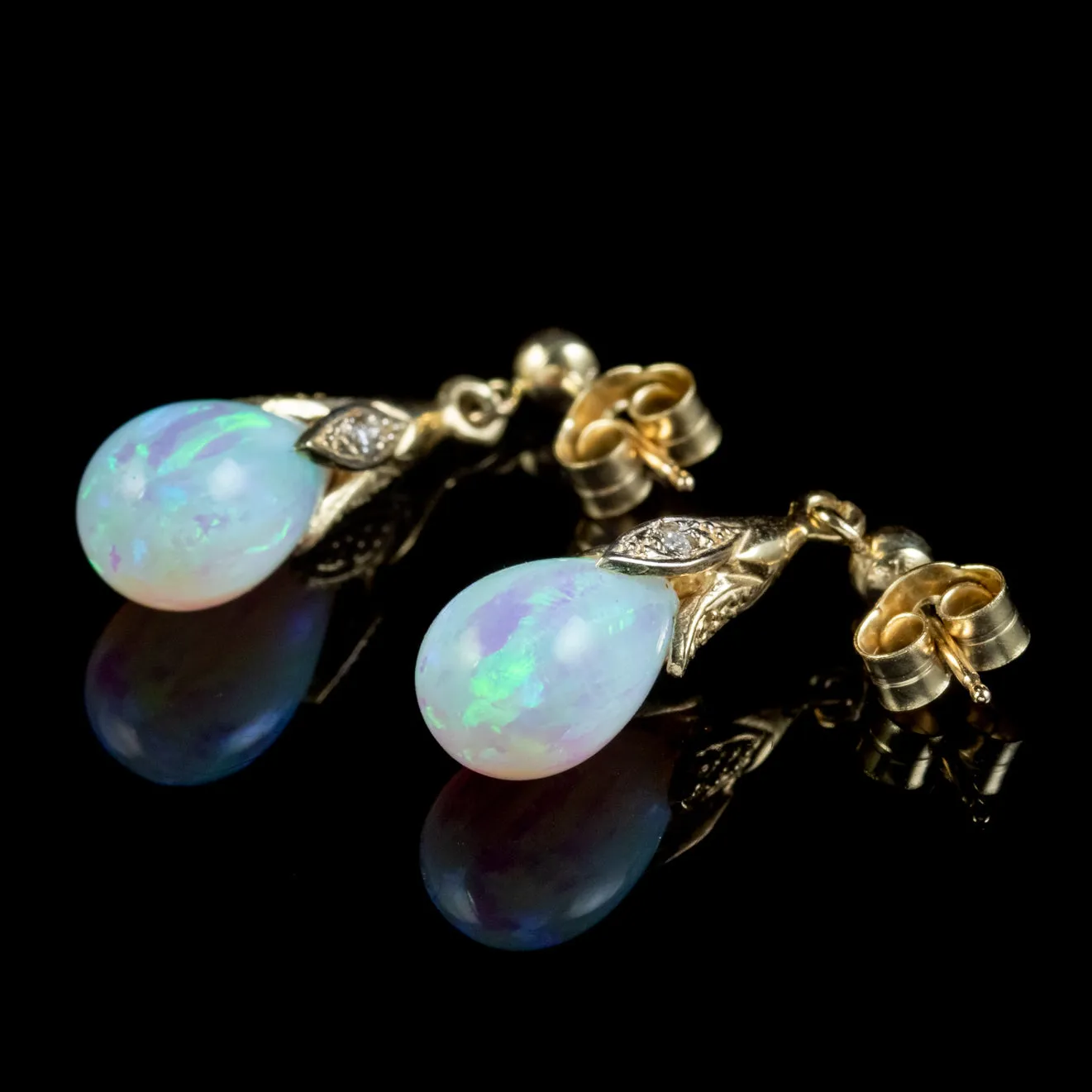 Victorian Style Opal Diamond Drop Earrings 9ct Gold