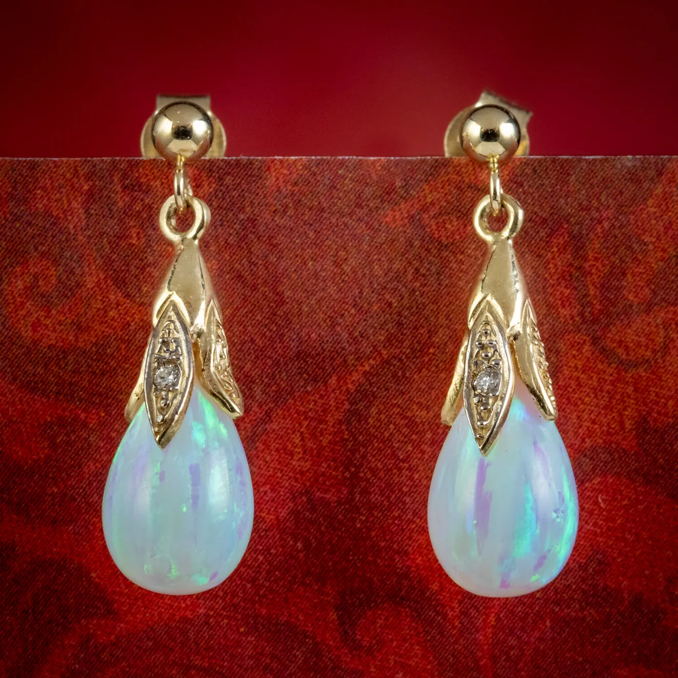 Victorian Style Opal Diamond Drop Earrings 9ct Gold