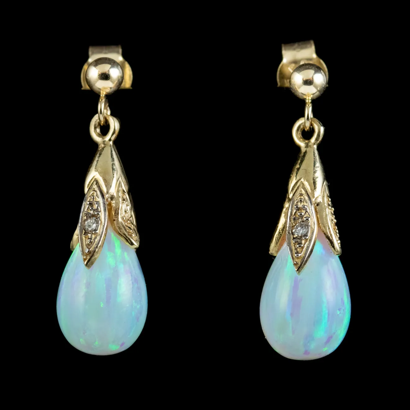 Victorian Style Opal Diamond Drop Earrings 9ct Gold