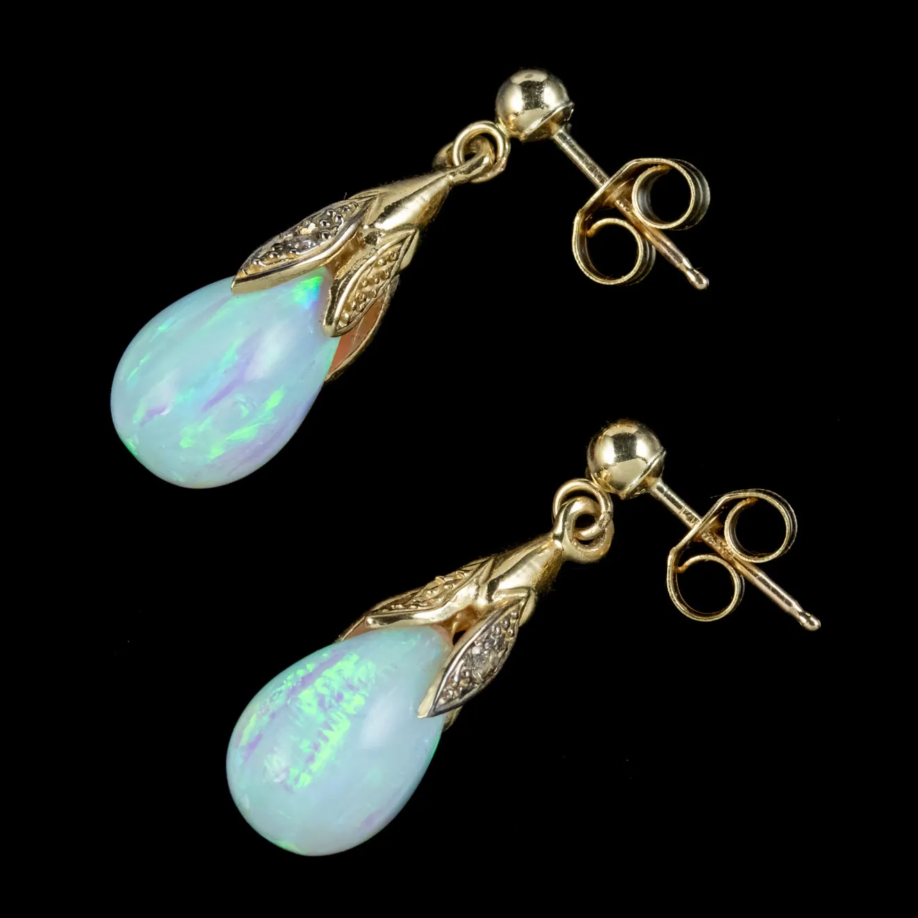 Victorian Style Opal Diamond Drop Earrings 9ct Gold