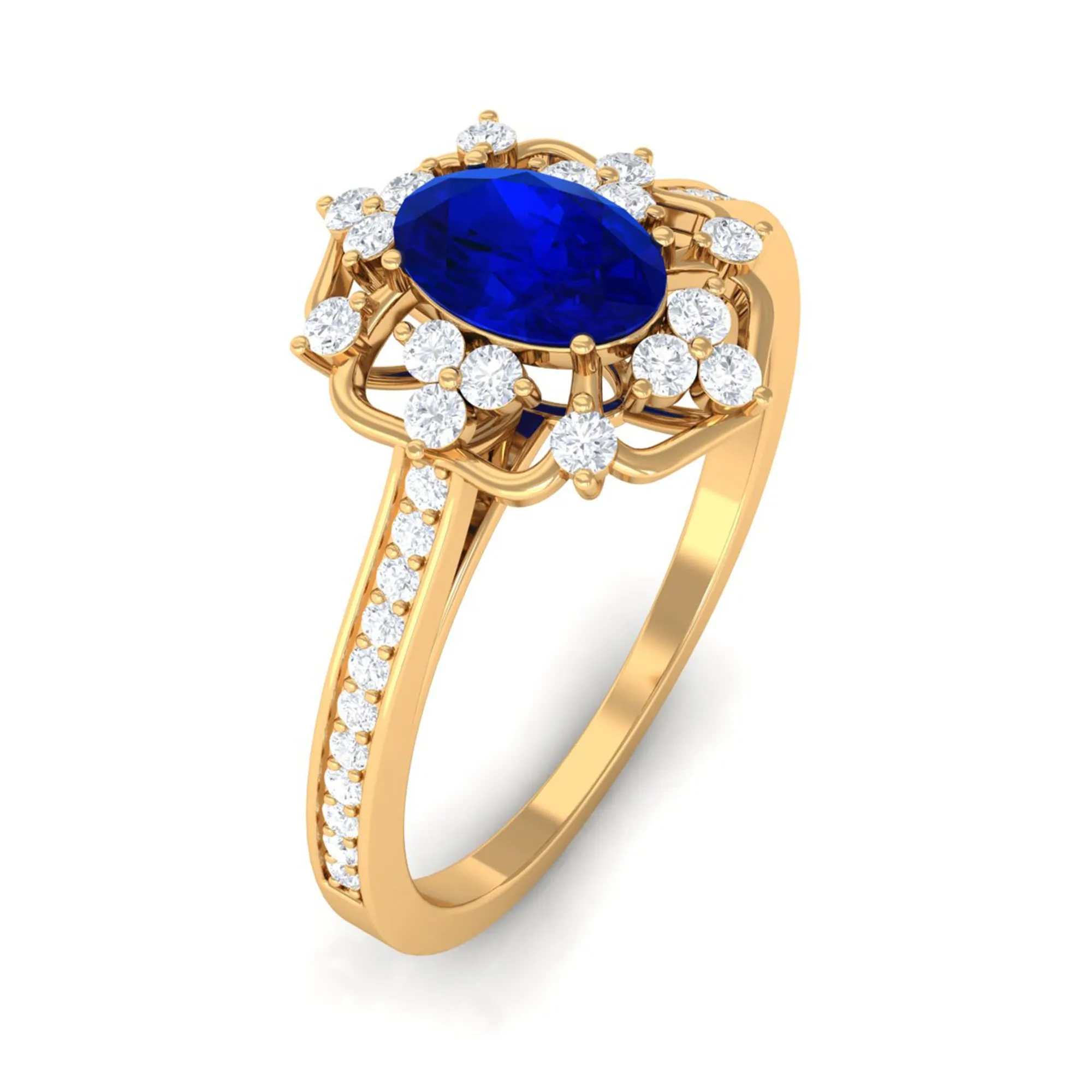 Vintage Style Created Blue Sapphire and Diamond Flower Engagement Ring