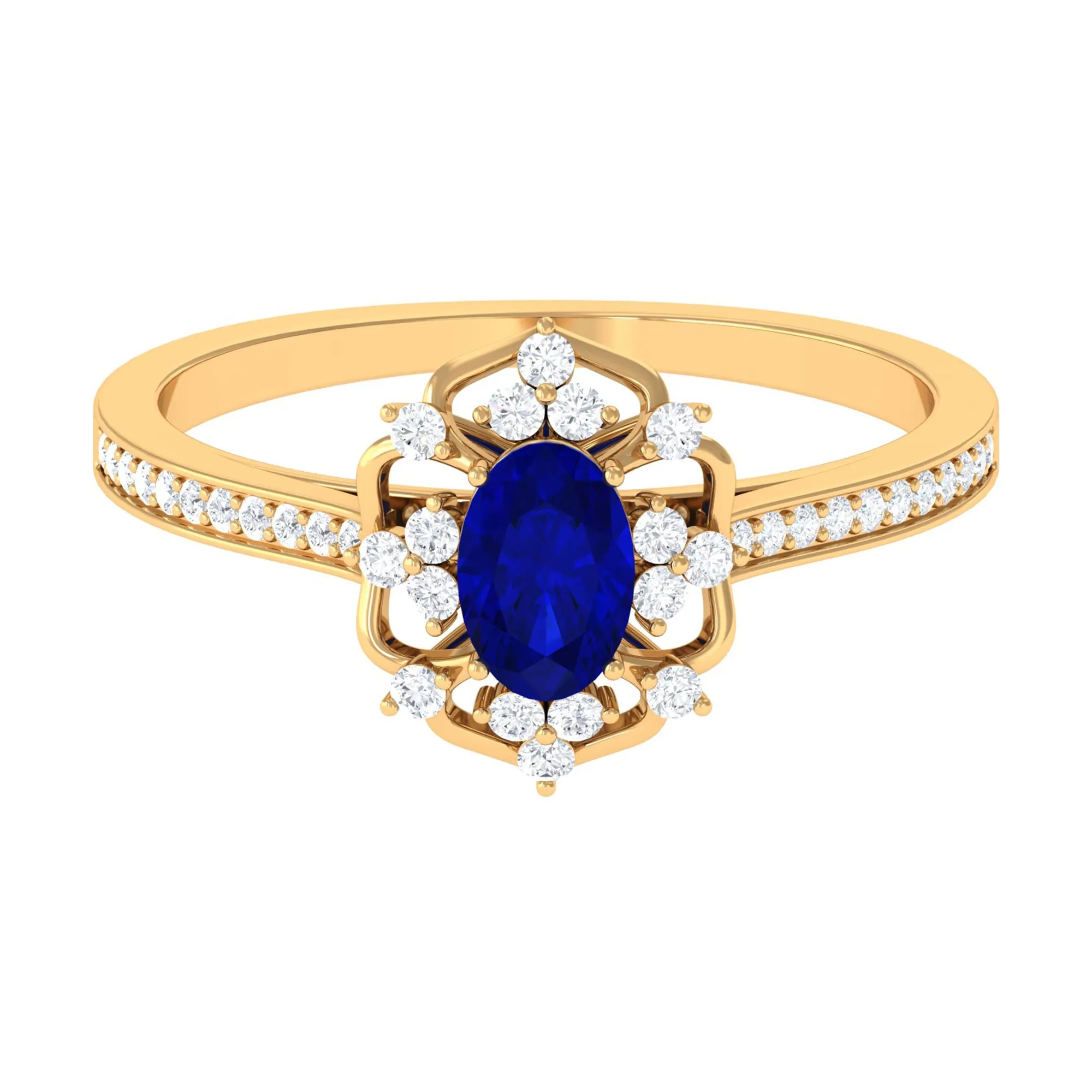 Vintage Style Created Blue Sapphire and Diamond Flower Engagement Ring