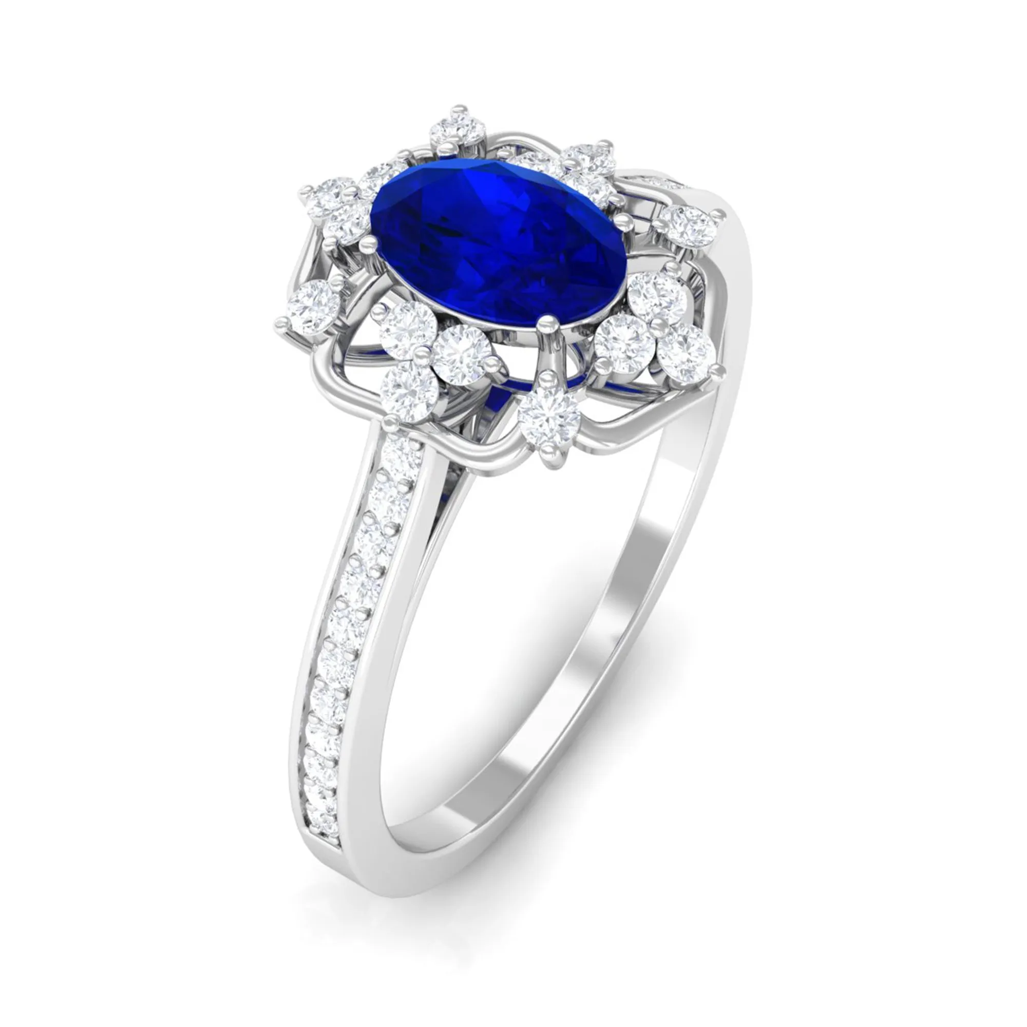 Vintage Style Created Blue Sapphire and Diamond Flower Engagement Ring