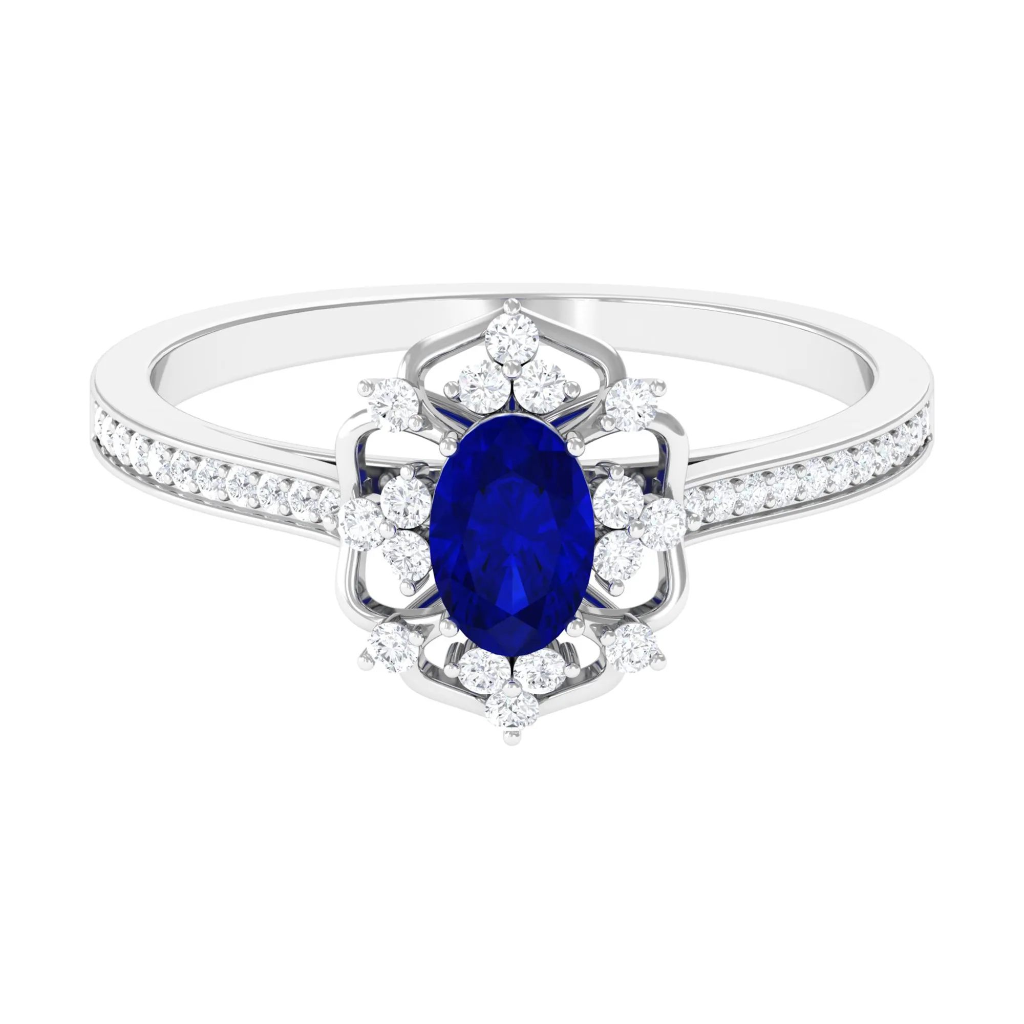 Vintage Style Created Blue Sapphire and Diamond Flower Engagement Ring