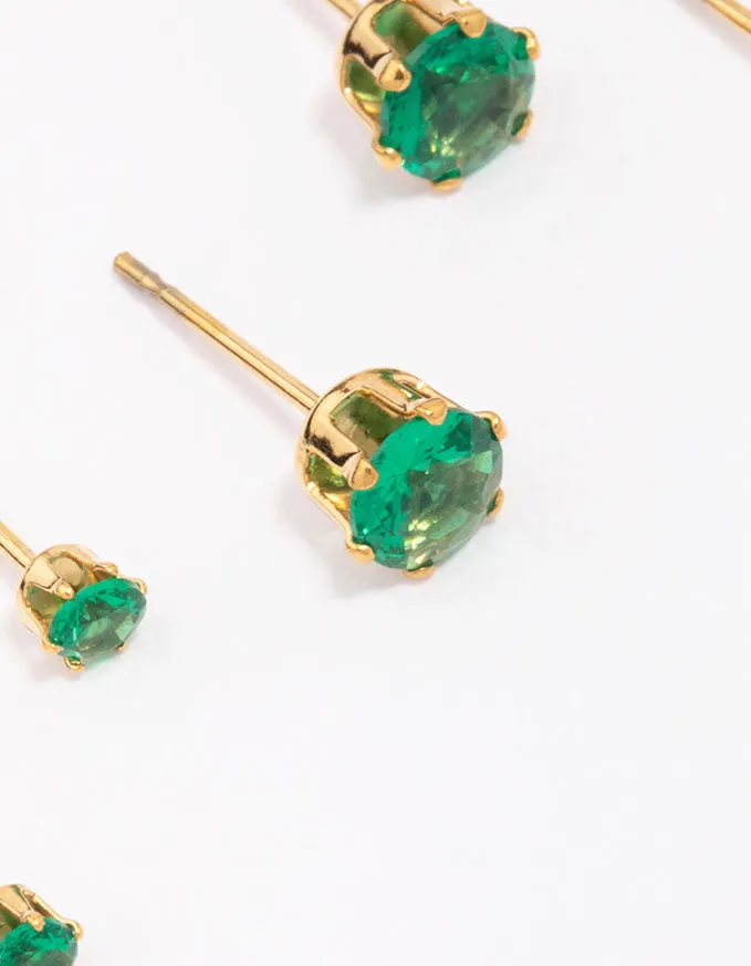 Waterproof Gold Plated Stainless Steel Emerald Cubic Zirconia Stud Earrings 3-Pack