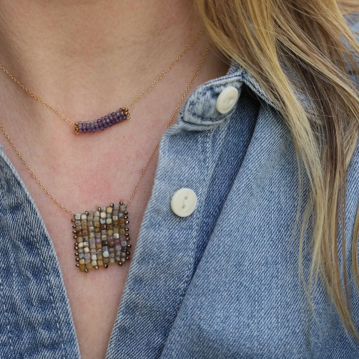 Yellow Opal with Tiny Coated Hematite Trim Flag Necklace